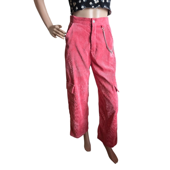 Women's Pink Corduroy High-Rise Flared Leg Silver Chain Detail Cargo Pants - Picture 4 of 16